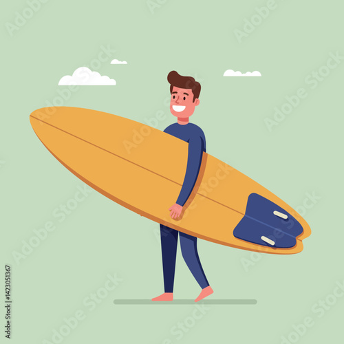 Man carrying yellow surfboard walking outdoors with green sky and clouds vector illustration 