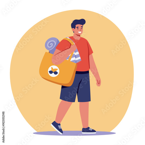 Young man carrying beach bag and towel walking in casual summer outfit vector illustration 
