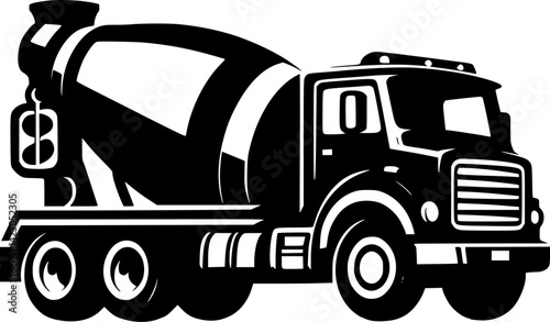 A bold, black and white silhouette of a concrete mixer truck.