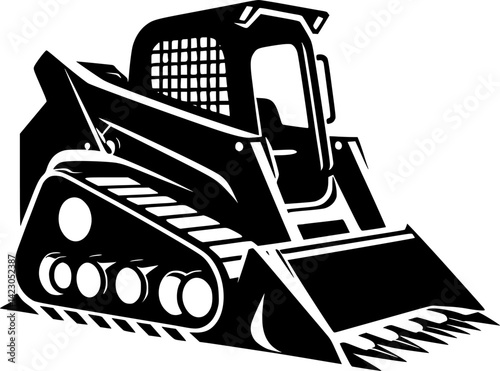 A bold, black and white silhouette of a skid steer loader.