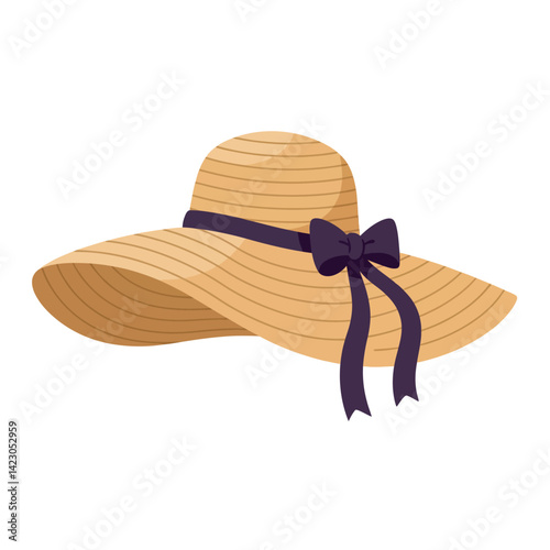 Wide Brim Straw Hat with Black Ribbon Bow Summer Fashion Accessory for Women Casual Wear 