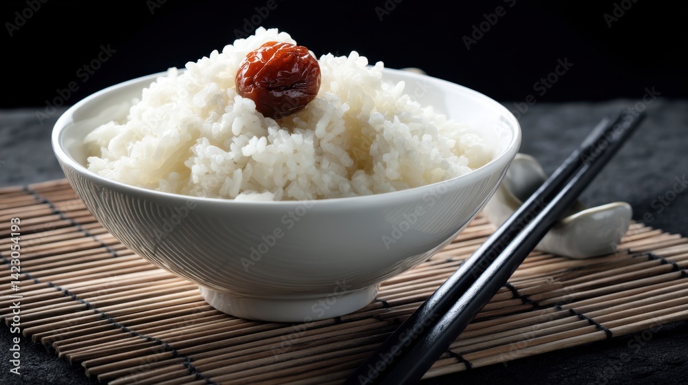 Japanese rice with umeboshi and chopsticks in studio setting Japanese rice with umeboshi and chopsticks in studio setting