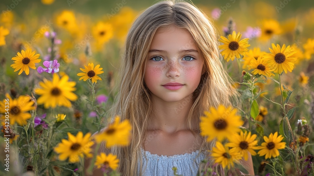 Radiant girl surrounded by sunflowers in a summer meadow. Radiant girl surrounded by sunflowers in a summer meadow.