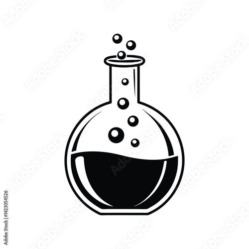 Laboratory Flask, solid black silhouette of a round-bottomed flask with a narrow neck on a white background