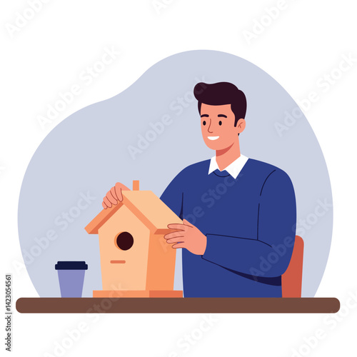 Man Building Wooden Birdhouse Crafting Hobby Activity with Coffee Cup on Table Vector Illustration 