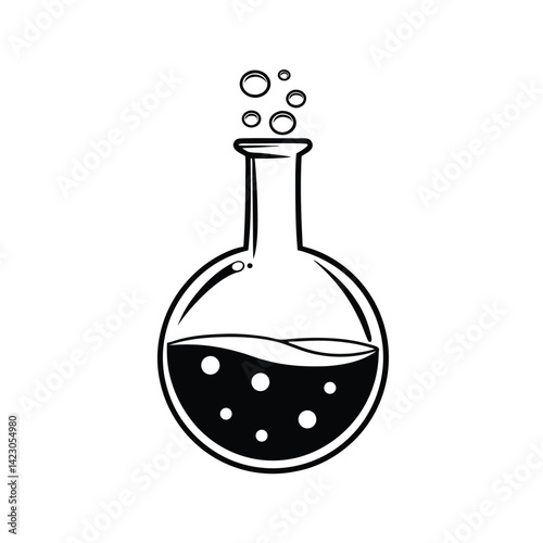 Laboratory Flask, solid black silhouette of a round-bottomed flask with a narrow neck on a white background