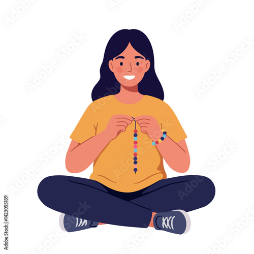 Young woman sitting cross-legged making jewelry beads bracelet with colorful beads and casual outfit vector illustration 