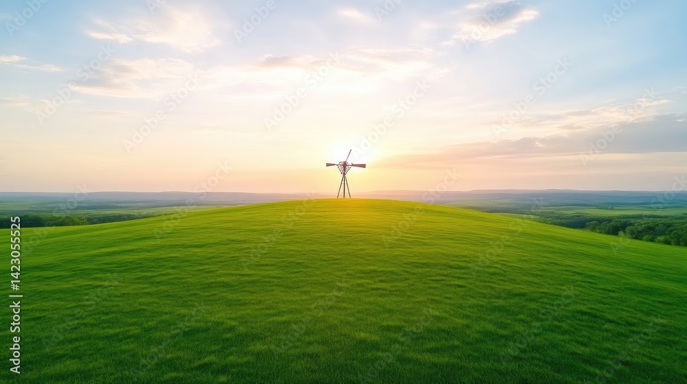 Obraz premium Traditional windmill standing on a rolling green grassy hill at sunrise under a bright sky.