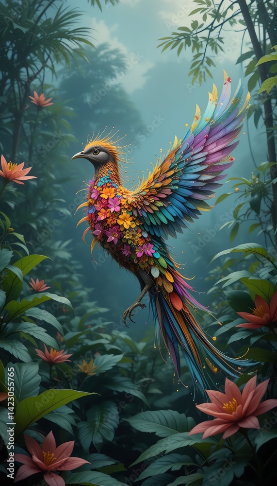 Fototapeta premium A Vibrant Floral Bird Soaring Through Lush Tropical Foliage A Stunning Digital Art Piece