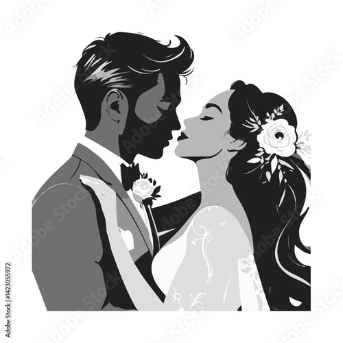 Silhouette of groom gently kissing bride’s forehead