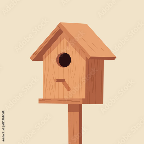 Wooden birdhouse on post with natural wood texture simple design vector illustration 