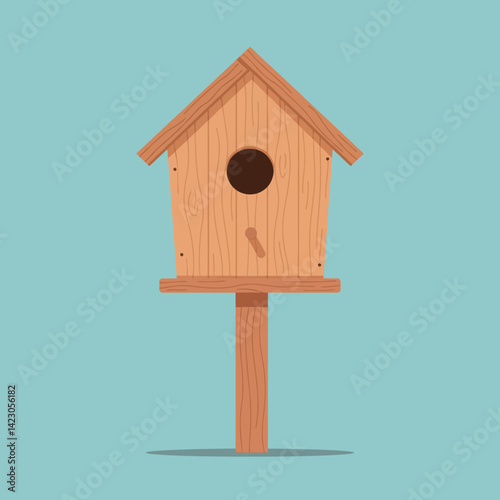 Wooden birdhouse on post simple design isolated on blue background vector illustration 