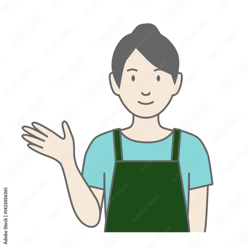 エプロンをした女性が「こちらです」と案内しているイラスト エプロンをした女性が「こちらです」と案内しているイラスト