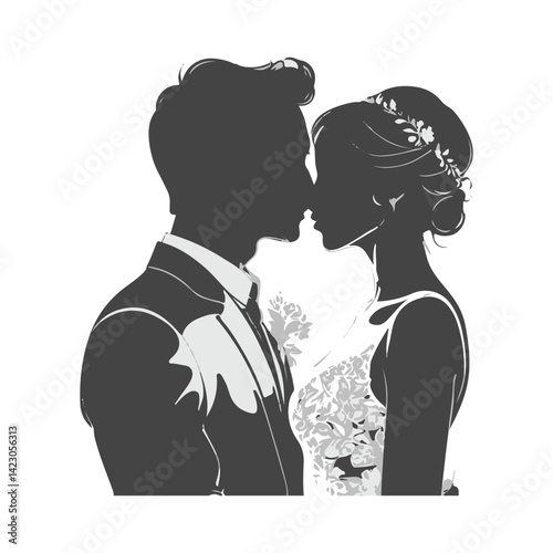 Silhouette of groom gently kissing bride’s forehead