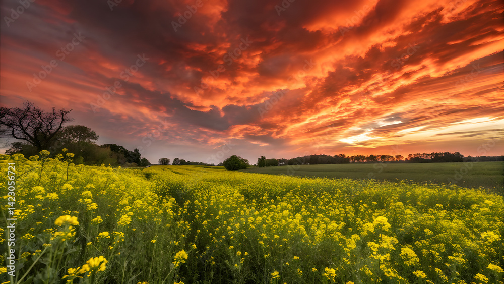 Obraz premium Fiery Sunset Over Vibrant Yellow Wildflower Field. Perfect for: Summer poster, sunset memory