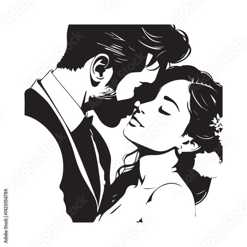 Silhouette of groom gently kissing bride’s forehead