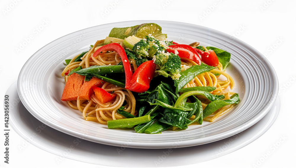 Plate of spaghetti with vibrant vegetables including red bell peppers, broccoli, and leafy greens, garnished with sesame seeds, on a white dish Plate of spaghetti with vibrant vegetables including red bell peppers, broccoli, and leafy greens, garnished with sesame seeds, on a white dish