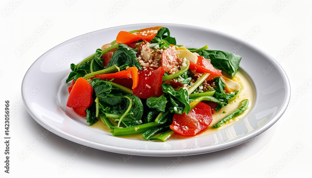 Salad of leafy greens, orange and red vegetables, and sesame seeds on a white plate. The dish has a fresh, healthy appearance Salad of leafy greens, orange and red vegetables, and sesame seeds on a white plate. The dish has a fresh, healthy appearance