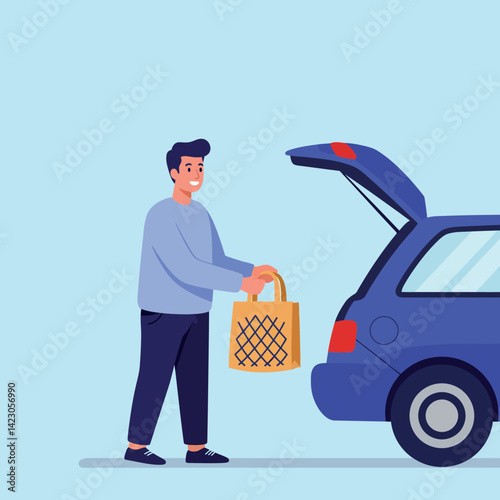 Man carrying reusable bag to blue car trunk for eco friendly shopping lifestyle activity vector illustration 