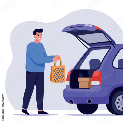 Man loading groceries into purple car trunk in casual outfit carrying shopping bag vector illustration 