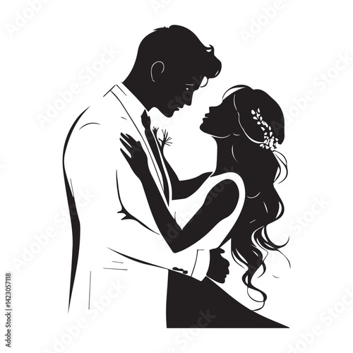 Silhouette of groom gently kissing bride’s forehead