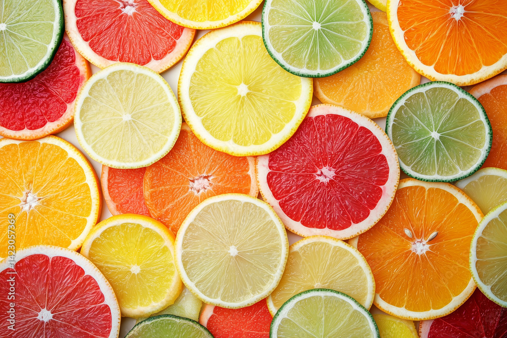 Sliced citrus fruits arranged in a modern flat lay, vibrant colors, white background Sliced citrus fruits arranged in a modern flat lay, vibrant colors, white background