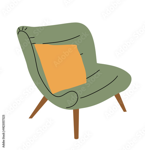 Trendy armchair design in retro mid-century 60s style. Сhair with wood base, upholstered pads. Cozy lounge furniture. Colored flat vector illustration isolated on transparent background