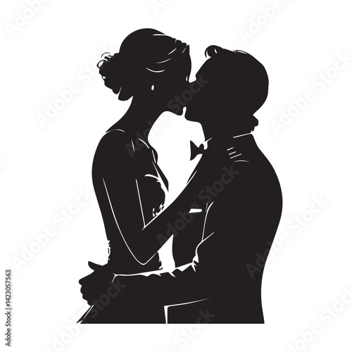 Silhouette of groom gently kissing bride’s forehead