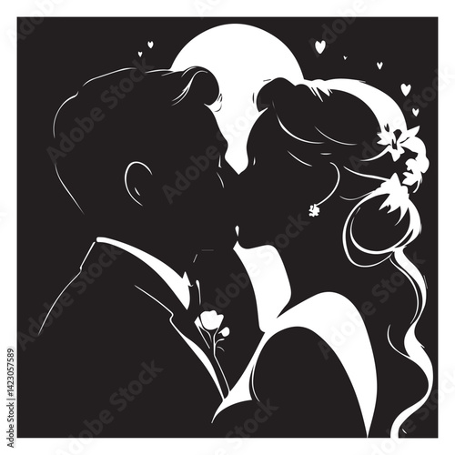 Silhouette of groom gently kissing bride’s forehead