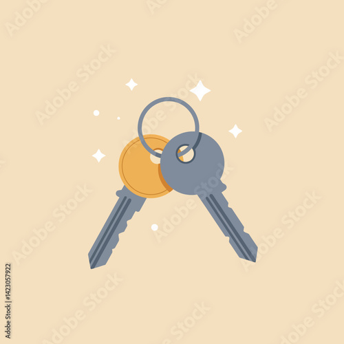 Two metal keys on keyring illustration with grey and orange colors in simple vector style 