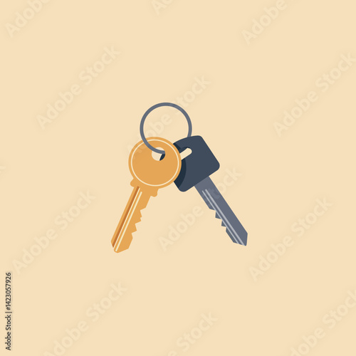 Pair of metallic keys with gold and silver colors on keyring vector illustration for security and access concept 