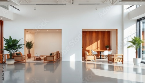 Minimalist open-plan office space with natural light and inviting lounge areas