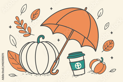 43 Autumn illustration, fall icons, orange umbrella, white pumpkin, orange pumpkin, green gourd, coffee cup, falling leaves, orange and teal color scheme, minimalist design, flat vector style, beige b