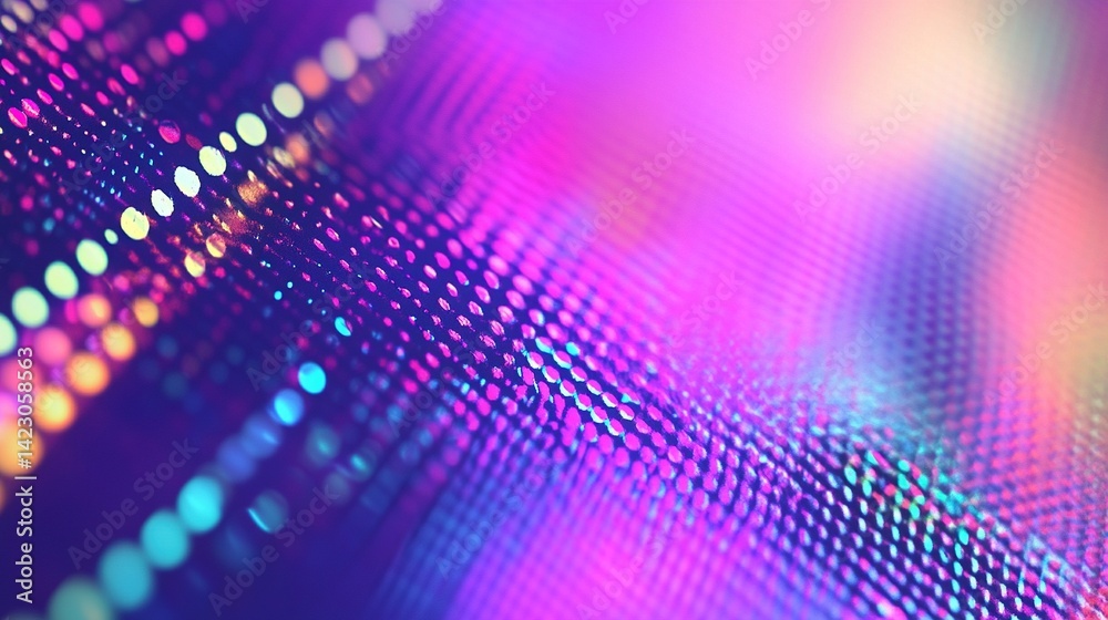 Colorful neon lights and holographic patterns on the surface of an illuminated fabric mesh with dots create a blurred background. The purple light creates bokeh effects in the patterned surface