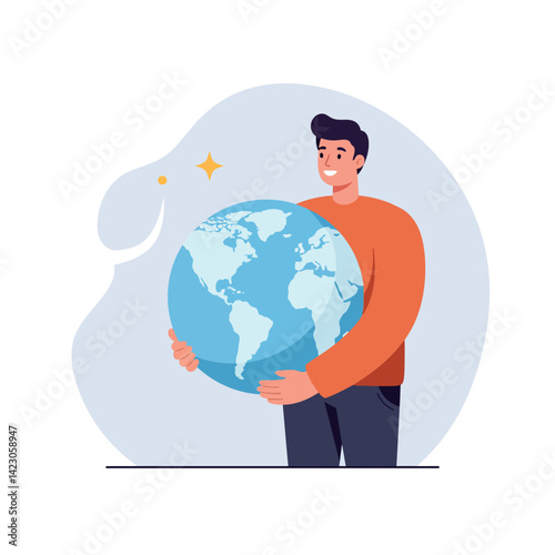 Man holding globe illustration with blue and orange colors in simple flat style
