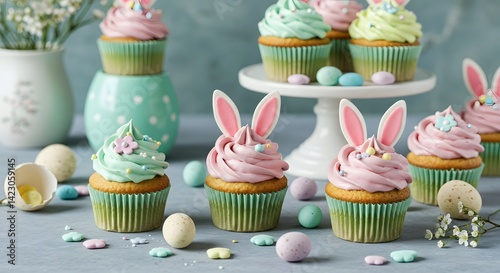 bunny ears, floral accents, Delicious easter cupcakes decorated with bunny ears sitting on a table with pastel colored eggs and flowers, spring decor, , Easter cupcakes, pastel colors, 