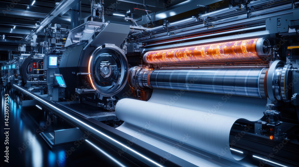 Fototapeta premium Vivid high-resolution magazines being produced on an advanced printing press with a sleek, polished modern design