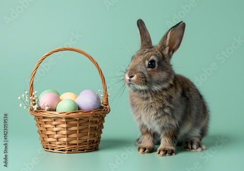 cute rabbit, pastel eggs, soft fur, floppy ears, against a pastel blue background, Fluffy bunny is sitting in a wicker basket with colorful easter eggs, Easter bunny, wicker basket