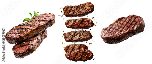 Set of Grilled beef steak with black pepper seasoning isolated on white transparent background. Concept of steakhouse cuisine and cooked meat
