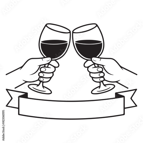 simple minimal linear style illustration with cartoon hands holding wine glasses, celebration and party vibe, invitation design element, banner, template Vector Black silhouettes.