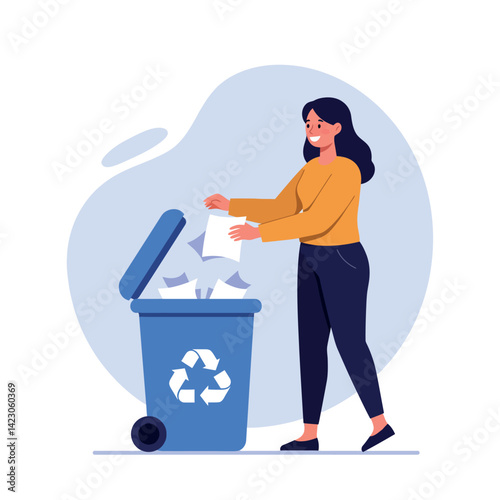 Woman recycling paper in blue bin promoting environmental awareness and sustainability vector illustration 