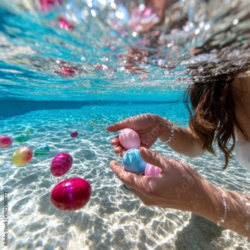Underwater Easter Egg Hunt: Woman Collects Colorful Eggs in Sparkling Pool, Embracing the Joyful Holiday Spirit