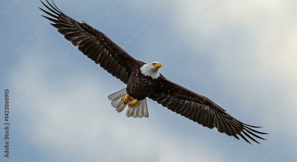 Obraz premium Eagle soaring gracefully through cloudy sky in flight