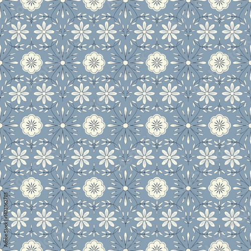 A seamless vintage-inspired floral pattern featuring cream-colored flowers with symmetrical arrangement on a muted blue background for elegant designs.
