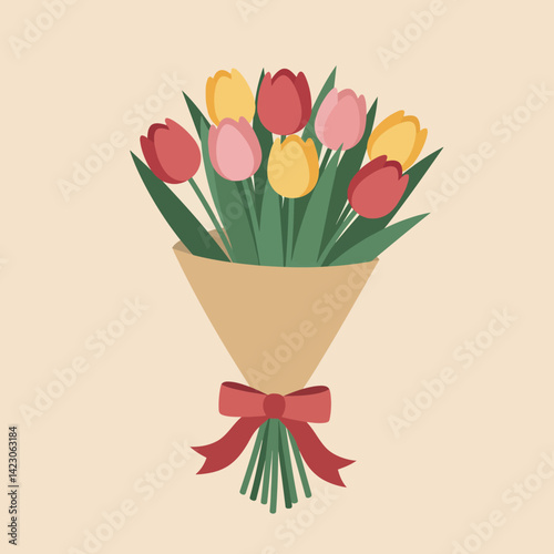 Tulip flower bouquet wrapped with ribbon in red yellow and pink colors vector illustration for gift and decoration purposes 