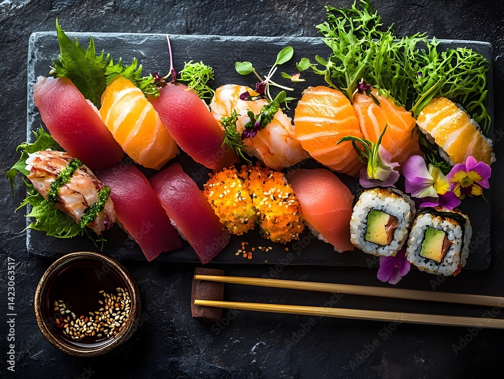 Authentic Japanese Sushi Platter with Fresh Sashimi and Soy Sauce