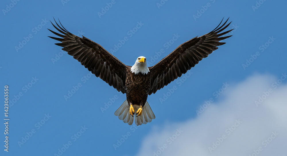 Naklejka premium Eagle soaring with wings spread wide against a clear blue sky