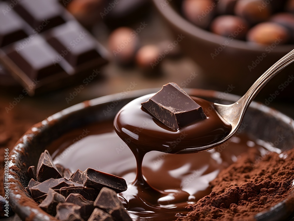 Decadent Chocolate Indulgence: Melted Dark Chocolate Dripping from a Spoon
