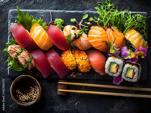 Obraz na płótnie Authentic Japanese Sushi Platter with Fresh Sashimi and Soy Sauce w salonie