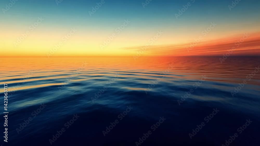 Serene ocean sunset with calm waters reflecting vibrant colors in sky, creating tranquil atmosphere that evokes peace and beauty at horizon.
